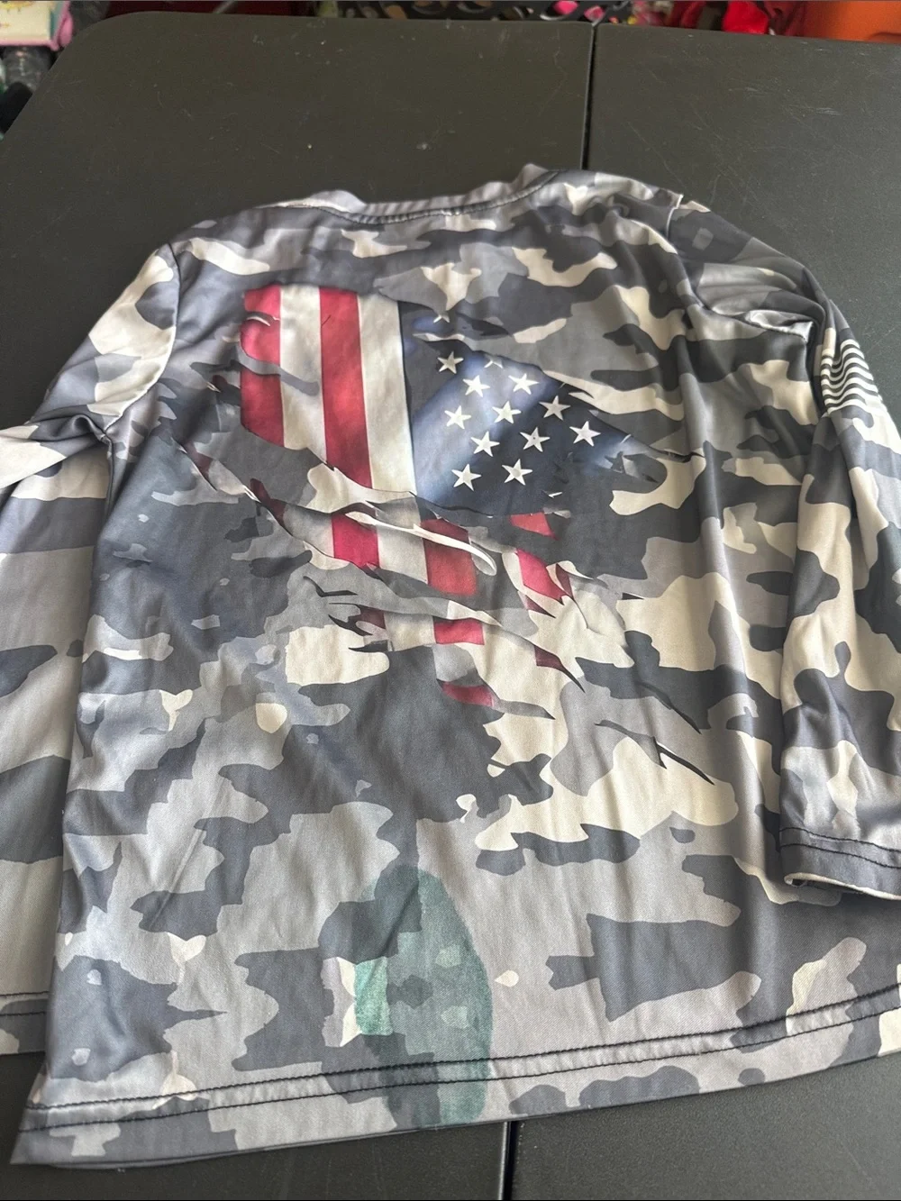 Gray Camouflage Long Sleeve Shirt with American Flag Accent